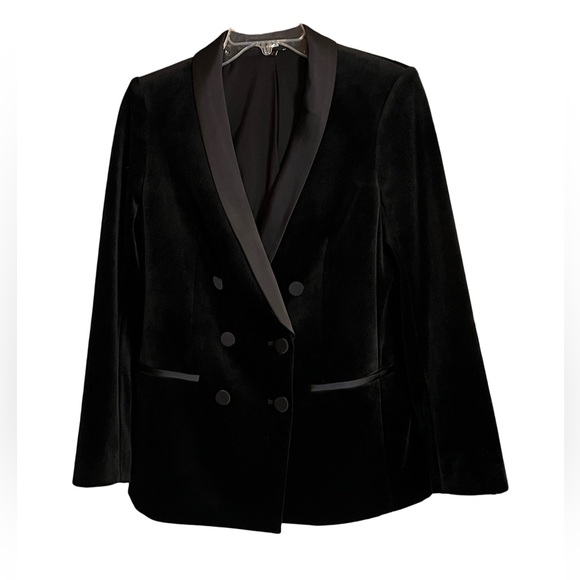 EXPRESS BLACK VELVET SHAWL COLLAR DOUBLE BREASTED TUXEDO BLAZER MEDIUM NWOT - Picture 3 of 11